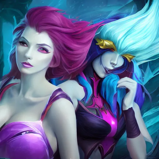 Image similar to league of legends photo, kai'sa and xayah as best friends, realistic, photo