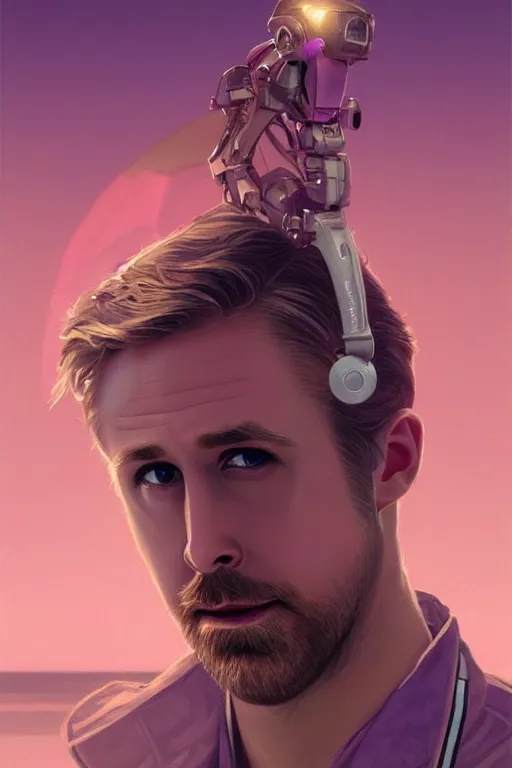 Image similar to ryan gosling robotic clothes in the beach purple sun, pink lighting ultra realistic photorealistic highly detailed high quality, a stunningly, digital painting, artstation, concept art, smooth, sharp focus, illustration, art by artgerm and greg rutkowski and alphonse mucha 8 k