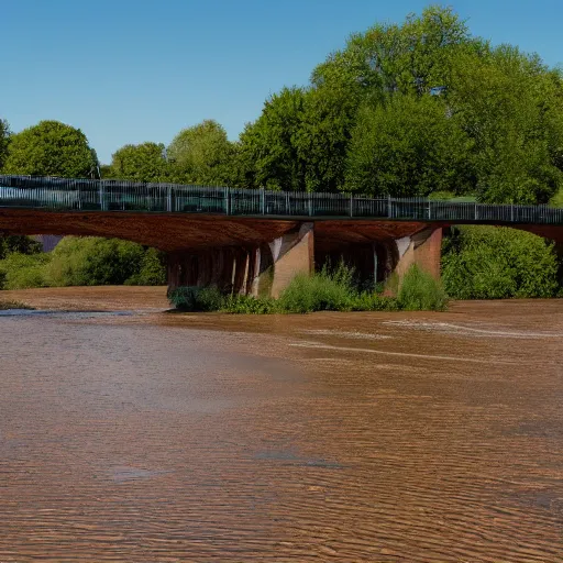 Image similar to drought of the river nearby nijmegen with a bridge over the river and single bike standing in the middle of the dried up river, picture, 4 k, realistic, sunny weather, blue sky