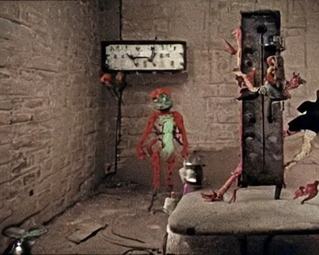 Prompt: still from a 1 9 9 3 surreal creepy live - action stop - motion puppetry film by fred stuhr in the style of a tool music - video, involving prison and clocks.