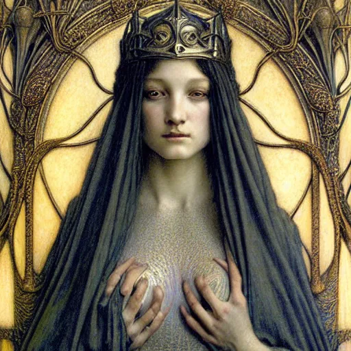 Image similar to detailed realistic beautiful young radiant medieval queen portrait by jean delville, gustave dore and marco mazzoni, art nouveau, symbolist, visionary, gothic, pre - raphaelite, horizontal symmetry