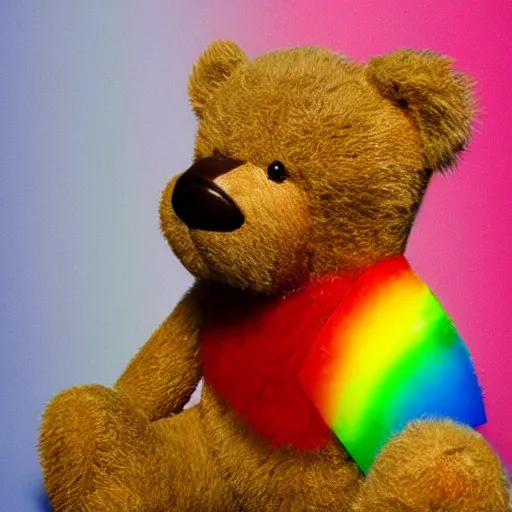 Image similar to teddy bear vomiting rainbow, photorealistic