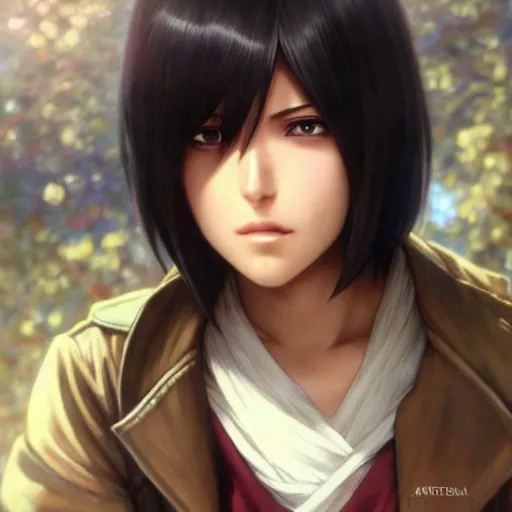 Image similar to mikasa ackerman, bokeh, beautiful face!!!!, 2 7 years old, cg animation, lifelike, animated, realistic, character select portrait, by artgerm, greg rutkowski, alphonse mucha, 3 d