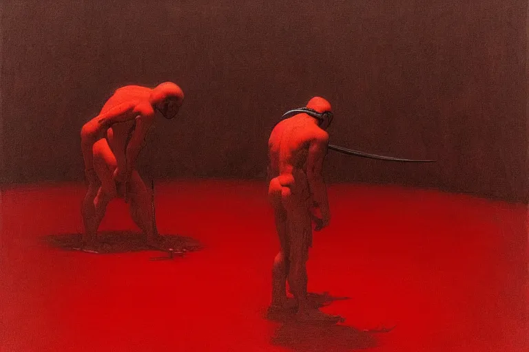 Image similar to only with red, a red samurai do seppuku, tokio, a lot of frogs watch, in the style of beksinski, parts by edward hopper, parts by rodcenko, parts by yue minjun, intricate and epic composition, red by caravaggio, insanely quality, highly detailed, masterpiece, red light, artstation, 4 k