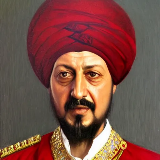 Prompt: Oil Painting of Recep Tayyib Erdoğan as Sultan Süleyman, red Oval Turban, close-up, very detailed facial features, by Osman Hamdi Bey