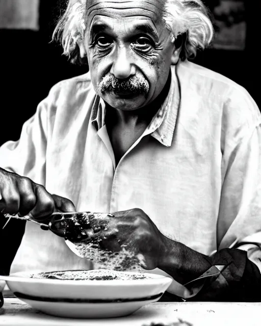 Image similar to A photo of Albert Einstein eating masala dosa, highly detailed, trending on artstation, bokeh, 90mm, f/1.4