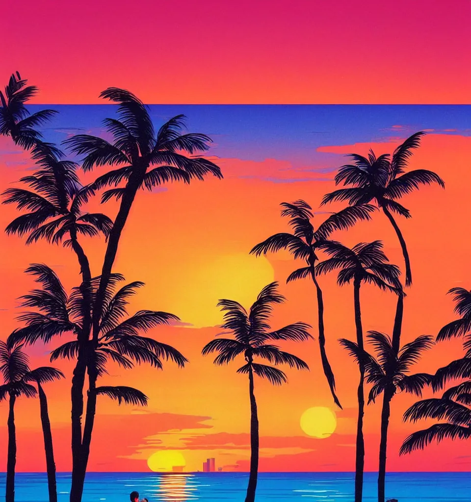 Image similar to gorgeous romantic sunset, cliffside onlooking the beautiful city of surfers paradise in queensland, warm colors, tropical, in the style of hiroshi nagai, very detailed, tropical, 8 0 s