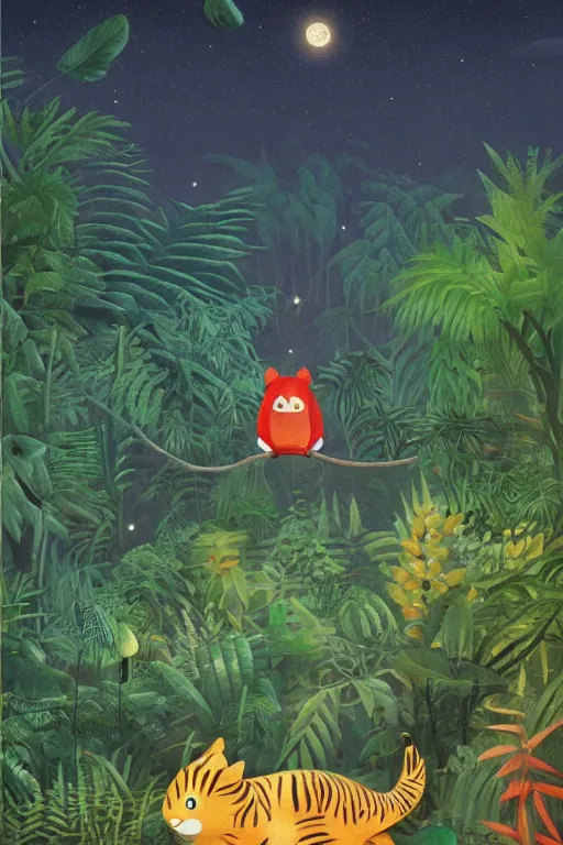 Image similar to rare bird in the jungle, night, stars, highly detailed, unreal engine render concept art, style of henri rousseau and richard scarry and hiroshi yoshida