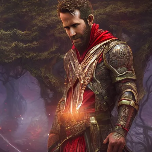 Prompt: ryan reynolds wearing wizard robes leans against a magical tree romance novel fantasy artwork epic detailed and intricate magical photo trending on artstation by wlop octane render