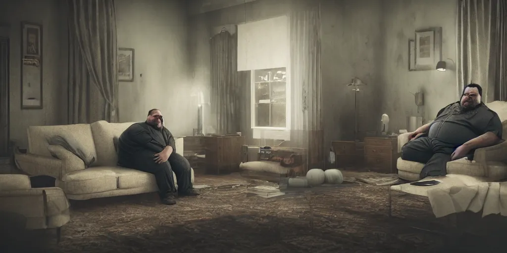 Image similar to a highly detailed photographic render of a fat scary man in a bloody living room, scary man watching tv, horror sci-fi, horror science fiction, biology, horror, cinematic, cinematic horror, cinematic lighting, cinematic scene, cinematic render, film, horror film, beautifully lit, ray traced, octane 3D render, octane render, unreal engine