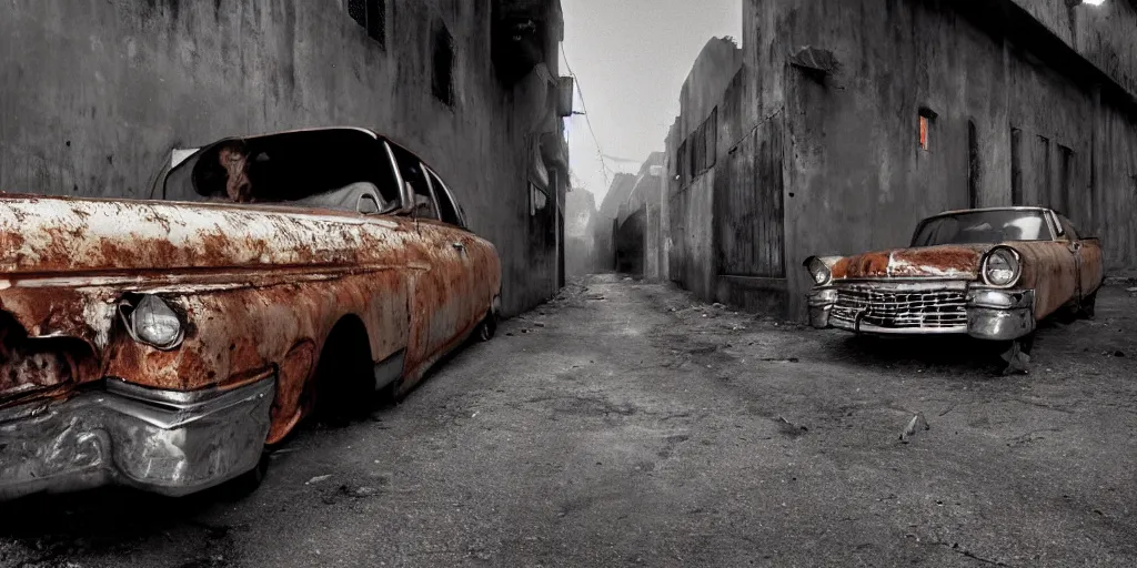 Image similar to a widescreen photo of a old rusty cadillac full with angry children, in a dark alley, low light, by steve mccurry