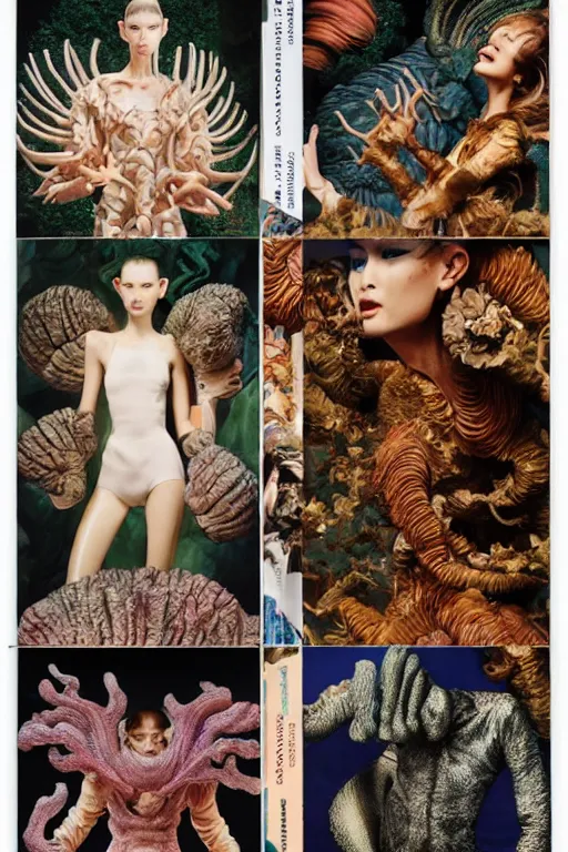 Prompt: instax of Evolution of Humankind from Vogue editorial fashion photography, dressed by Givenchy and Salvatore Ferragamo, haute couture painted by Andrea Pozzo, still frame of Pan's Labyrinth and Prometheus by Guo Jian and Yue Minjun, in lush brain coral femur by Javier Medellin Puyou