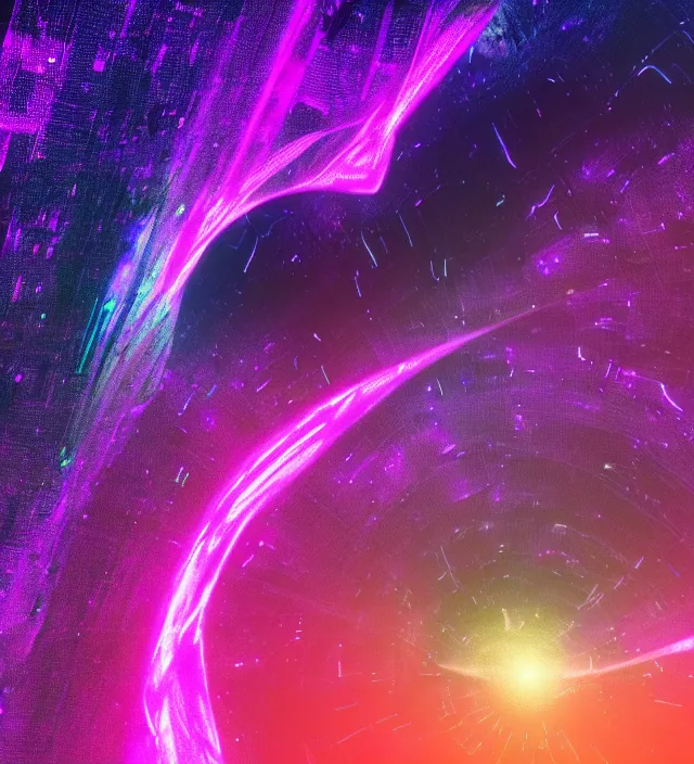 Image similar to an iridescent wormhole wireframe absorbing a galaxy, dark synthwave, aesthetic mood, vintage, sci - fi, 4 k