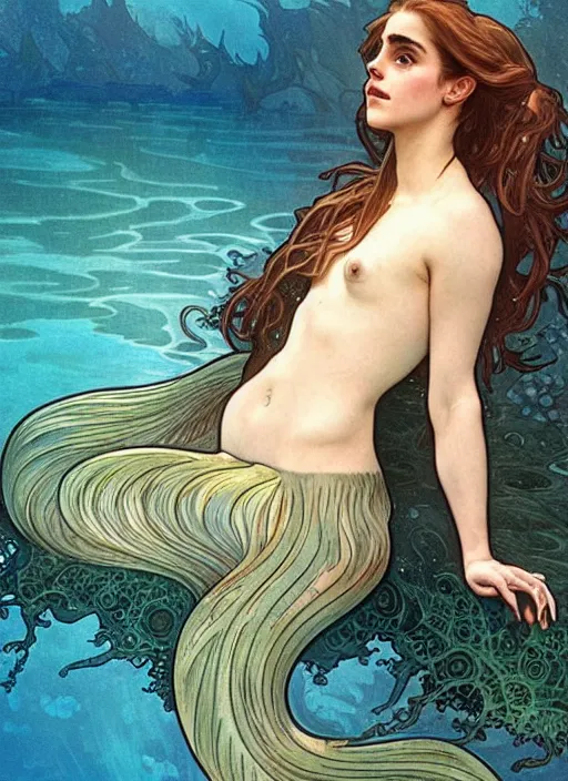 Image similar to Emma Watson as mermaid swimming underwater, full body shot, cute, fantasy, intricate, elegant, highly detailed, digital painting, 4k, HDR, concept art, smooth, sharp focus, illustration, art by alphonse mucha,artgerm, H R Giger