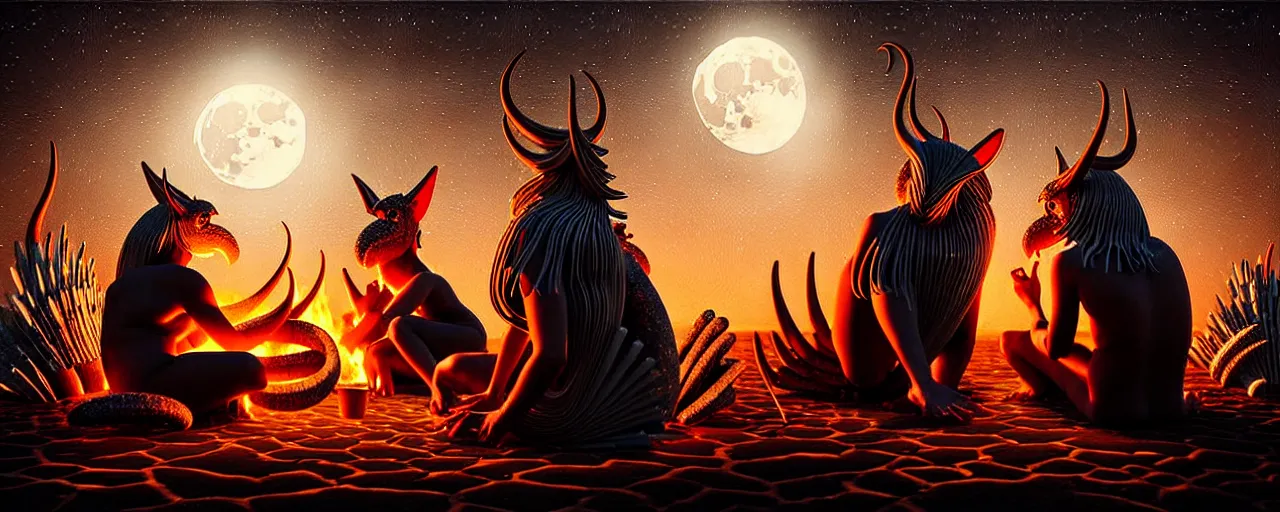 Image similar to strange mythical beasts of sitting around a fire under a full moon, surreal dark uncanny painting by ronny khalil