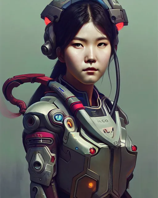 Image similar to jung ho - yeon as d. va from overwatch, character portrait, concept art, intricate details, highly detailed by greg rutkowski, michael whelan and gustave dore