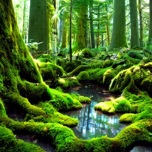 Image similar to A wide shot by a extremely high resolution digital camera of enchanted forest. Genetically modified magic moss, covering the ground, barely seen lake beneath it.