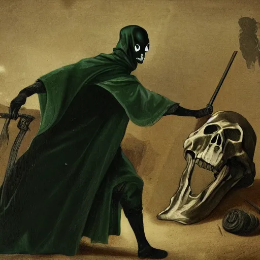 Prompt: a man wearing a black cloak with a skull head killing a man in green