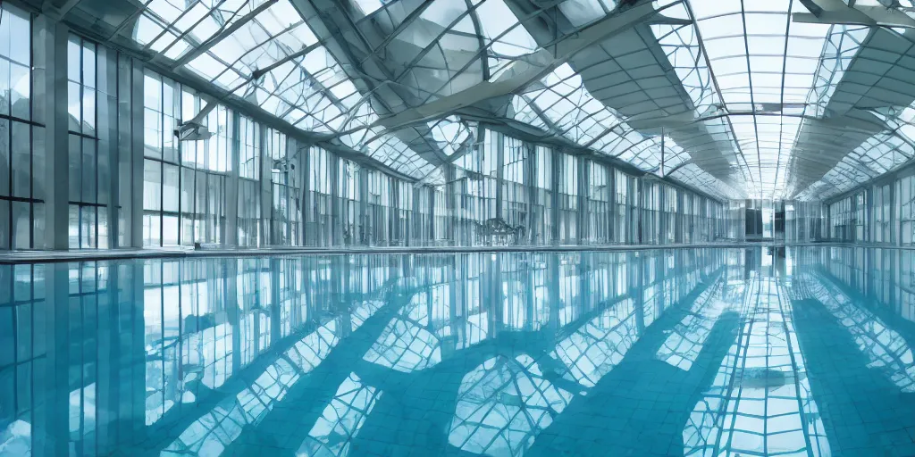 Image similar to indoor pool architecture, wide open space, long corridors, light and shadows, sterile, photography, tech submerged in water