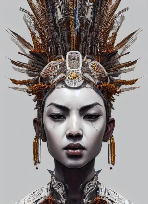 Prompt: white statue!! portrait of a cyberpunk machine, machine face, upper half portrait, decorated with feathers, african man, traditional chinese art, intricate, elegant, highly detailed, headpiece, digital painting, artstation, concept art, smooth, sharp focus, illustration, art by artgerm and greg rutkowski and alphonse mucha, 8 k