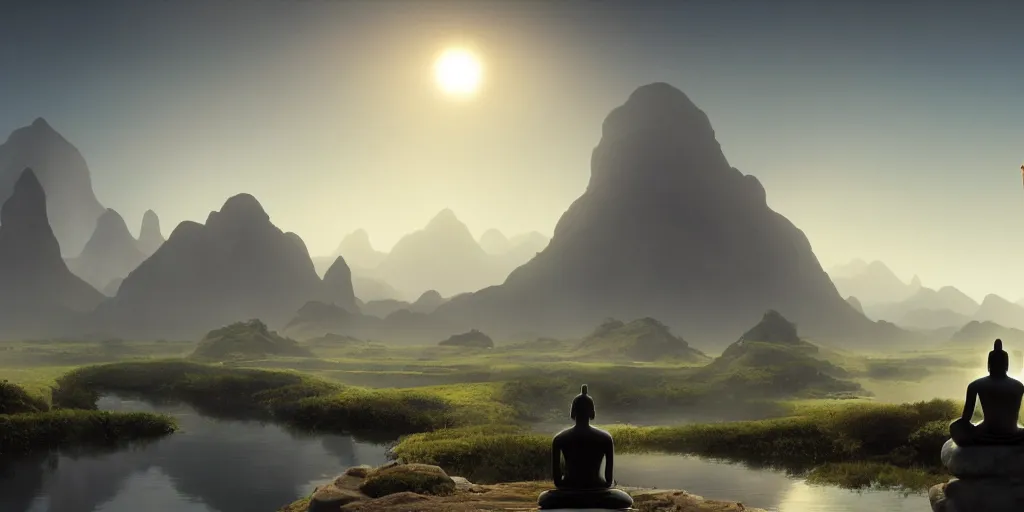 Prompt: budha praying in the middle of a beautiful hyper realistic detailled matte painting of a serene landscape with a dull plains with a black colossus god walking in the foreground and mountains in the background at early evening, by john howe and greg rutkowski and albert bierstadt, unreal engine, trending on artstation, barometric projection, rectilinear, f 8