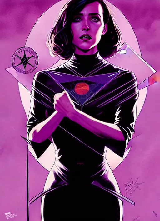 Image similar to Rafael Albuquerque comic cover art, artgerm, Joshua Middleton, pretty Stella Maeve witch doing black magic, serious look, purple dress, symmetrical eyes, symmetrical face, long black hair, full body, dark forest, cool colors