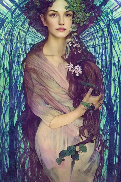 Image similar to an ( ( ( ( ( ( ( esoteric woman ) ) ) ) ) ), blending into nature!!!! with a beautiful face!!! cinematic lightning, isolated, studio lighting by alphonse mucha and tom bagshaw