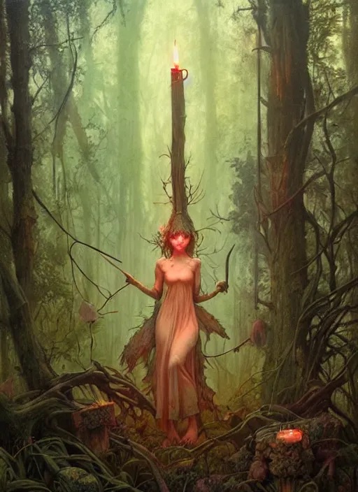 Image similar to a hyper realistic witch shrine, candles, in the woods, distant explosions, gorgeous lighting, lush forest foliage, painting by chiara bautista and tom bagshaw, mucha, beksinski and norman rockwell and greg rutkowski weta studio, and lucasfilm