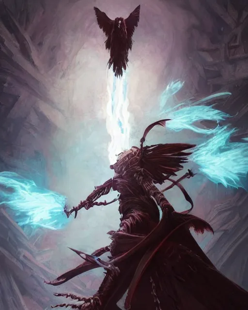 Image similar to Raven Mage, spell, fog, magic the gathering artwork, D&D, fantasy, cinematic lighting, centered, symmetrical, highly detailed, digital painting, artstation, concept art, smooth, sharp focus, illustration, volumetric lighting, epic Composition, 8k, art by Akihiko Yoshida and Greg Rutkowski and Craig Mullins, oil painting, cgsociety