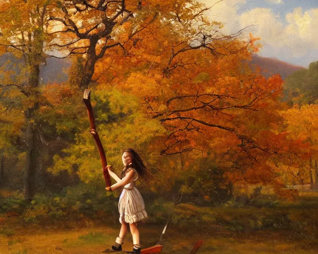 Prompt: landscape portrait of a girl swinging an axe, swinging axe at a hickory tree, autumn mountains, original oil on canvas painting by william sydney mount, trending on artstation