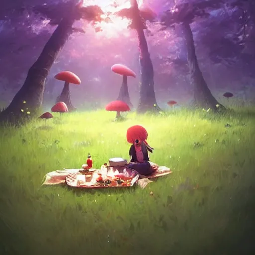 Image similar to a cute picnic in a mushroom forest. dramatic lighting, cgsociety masterpiece, artstation trending, by rossdraws, ghibli, Kimi no Na wa, greg rutkowski, 4k, digital art, concept art, trending on artstation