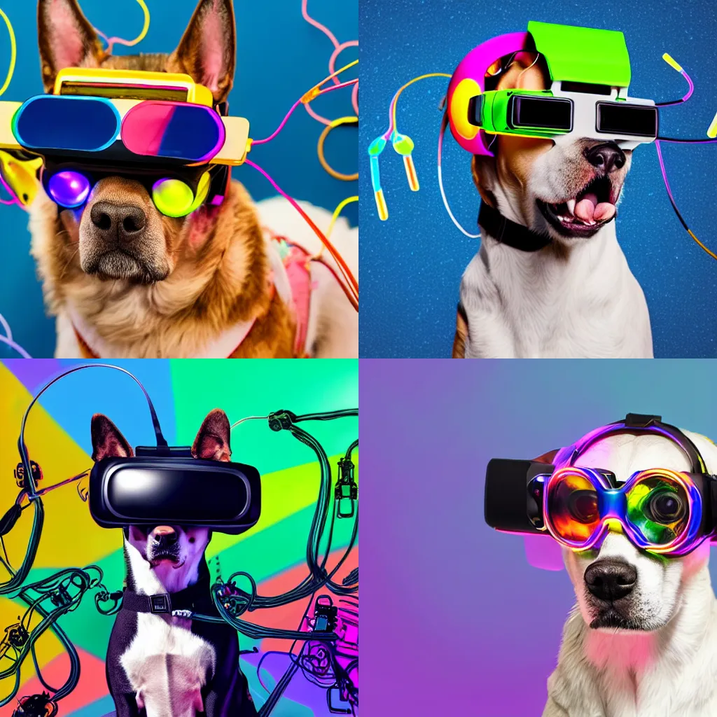 Prompt: a dog wearing cybernetic VR glasses with wires surrounding him in a colorful atmosphere background