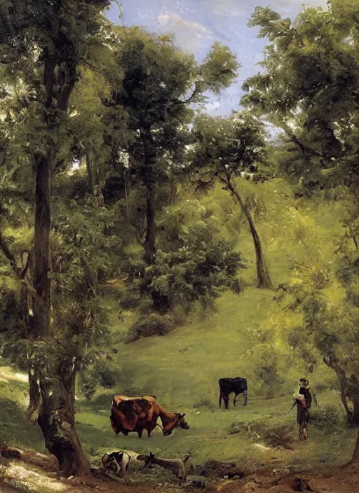 Image similar to artwork painting of a lush environment, a cow is grazing by eugene von guerard, ivan shishkin, john singer sargent