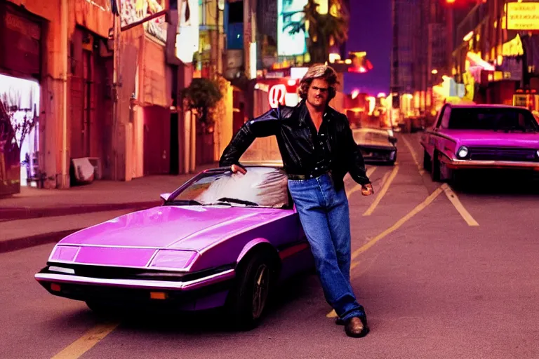 Image similar to 80s dressed Kurt Russel posing and in the background there two 80s sports cars parked on a deserted city street at night time, purple lighted street, wide angle, cinematic, retro-wave vibes, grainy, soft motion blur
