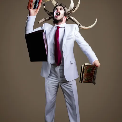 Prompt: photo of a man with horns wearing a white suit holding a bible in the air and screaming. n-9