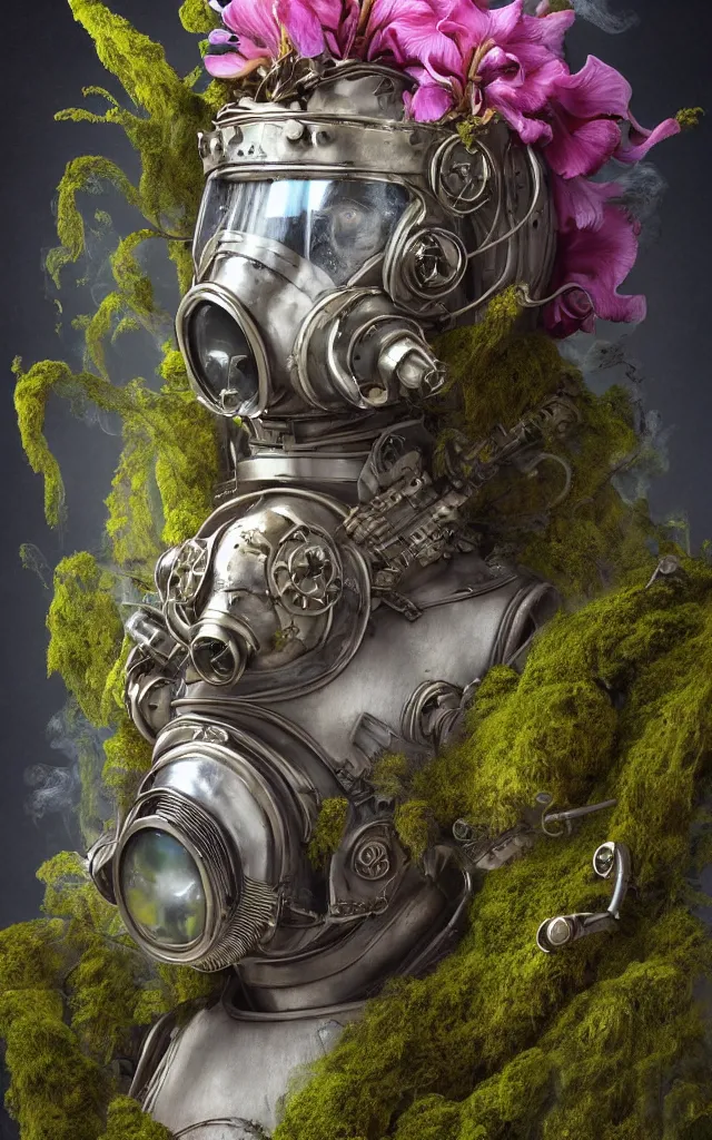 Prompt: 3 d close - up portrait of the retro futuristic robot in vintage gas mask in midsommar style clothes and crown overgrown with moss and giant orchid flowers and giant gladiola flowers, intricate, elegant, surrounded by smoke and burning. translucent nautilus, highly detailed, by wlop, tooth wu, greg rutkowski, alena aenami