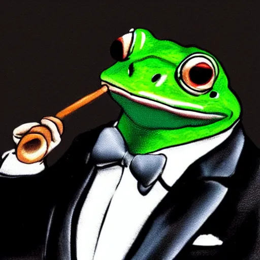 Image similar to a frog 🐸 wearing a suit smoking a cigar