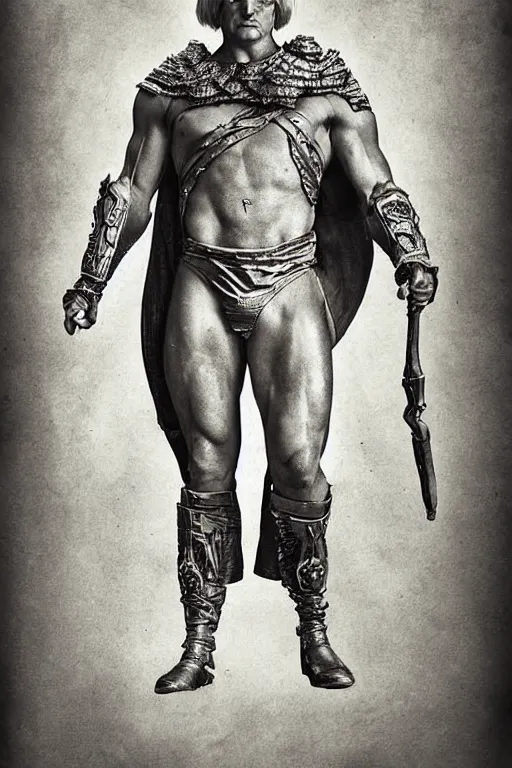 Image similar to he - man, portrait, full body, symmetrical features, silver iodide, 1 8 8 0 photograph, sepia tone, aged paper, sergio leone, master prime lenses, cinematic