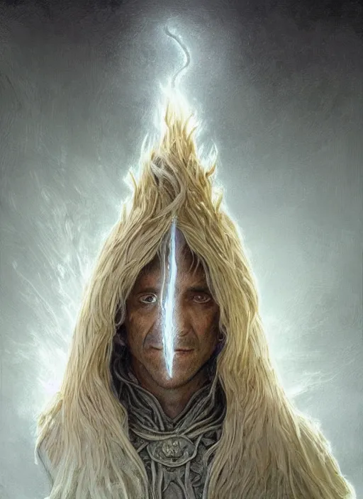 Image similar to Portrait of Sean Penn, white glowing eyes, silver shaggy hair, cloak, ethereal wings, male, fantasy, extremely detailed, digital painting, artstation, concept art, smooth, sharp focus, illustration, stunning lighting, art by artgerm and greg rutkowski and alphonse mucha and simon stalenhag, realistic character concept, high fantasy, light atmosphere, golden ratio, cinematic lighting, hyperdetailed, high resolution, insanely detailed and intricate, artstation, Marc Simonetti, Greg Rutkowski, 8k