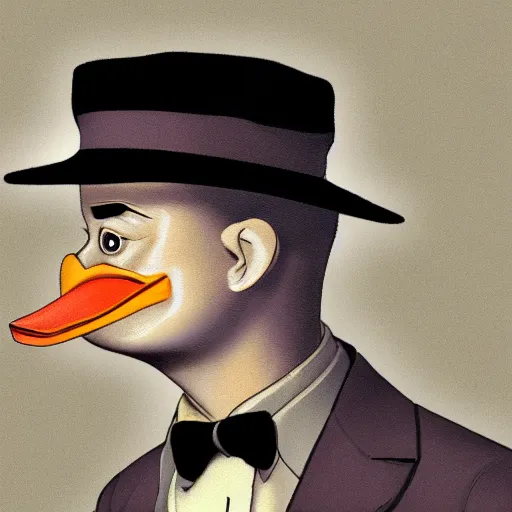 Prompt: photorealistic render of a private detective who has the face of a duck