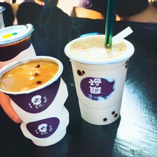 Image similar to milk tea with boba, the boba are small galaxies