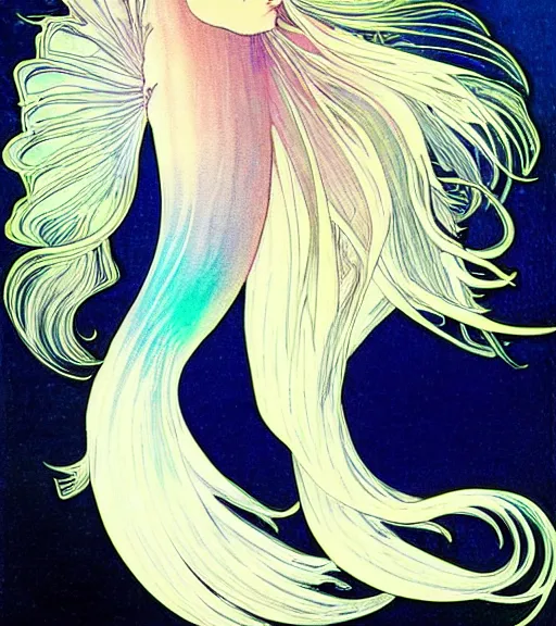 Prompt: a graceful iridescent white betta fish with long swirling fins, black-water-background, photo, artstation, alphonse-mucha