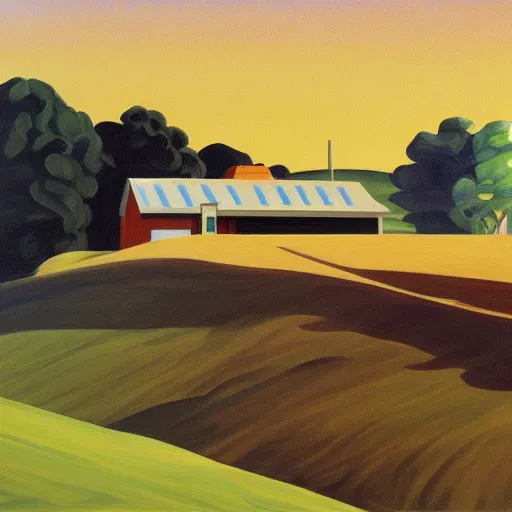 Image similar to dreaming futuristic rural landscape with modern houses, painted by Alex Katz and Edward Hopper, airbrush, highly detailed