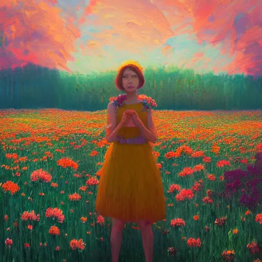 Image similar to girl with a blooming flower face, surreal photography, standing in flower field, in a valley, sunrise dramatic light, impressionistic painting, colorful clouds, artstation, simon stalenhag