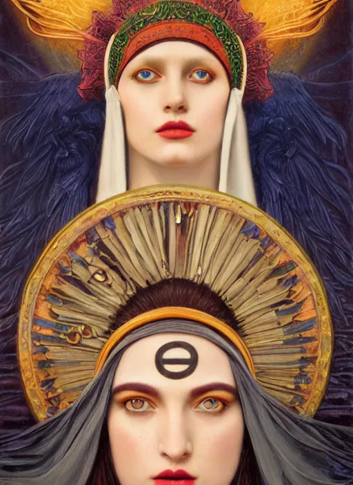 Prompt: acid tripping cult magic psychic woman, third eye, occult ritual, dark witch headdress, oil painting, robe, symmetrical face, greek dark myth, by John William Godward and Anna Dittman, masterpiece