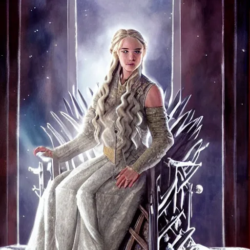 Prompt: a gorgeous princess sitting on the Iron Throne in a song of Ice and fire, realistic illustration