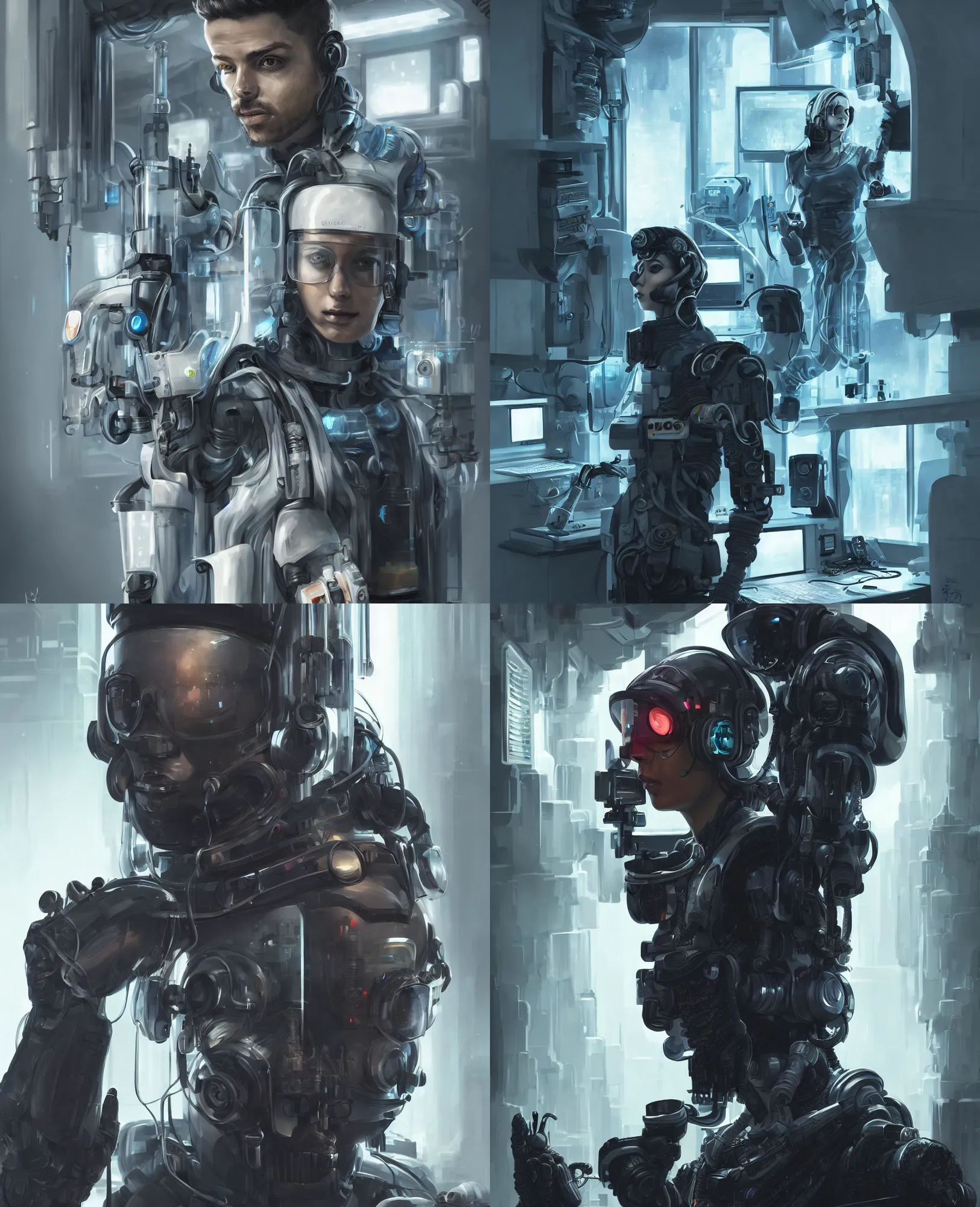 Prompt: a portrait of an operator working the laboratory, scifi character, cyberpunk suit, concept art, highly detailed, artstation, 8 k