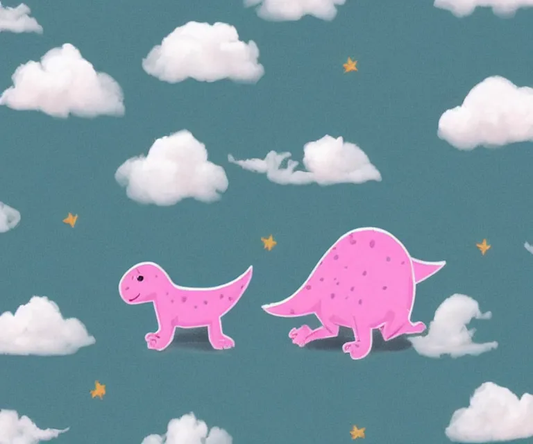 Prompt: a cute little dinosaur, cotton candy, fluffy clouds