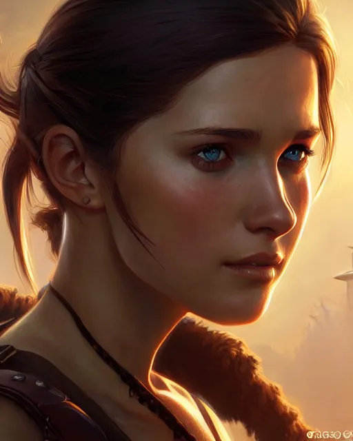 Image similar to Chloe (Uncharted), closeup, D&D, fantasy, intricate, elegant, highly detailed, digital painting, artstation, concept art, matte, sharp focus, illustration, hearthstone, art by Artgerm and Greg Rutkowski and Alphonse Mucha