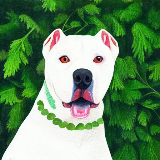 Image similar to painting of a white pitbull on a bed of parsley with a parsley garnish on top, highly detailed